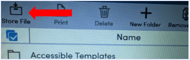 Red arrow pointing to the store file icon in the top left of the screen
