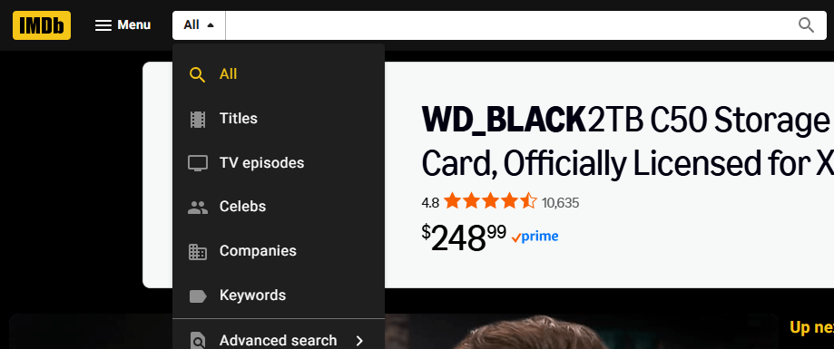 screenshot showing the IMDb search box with the dropdown arrow revealing search parameters