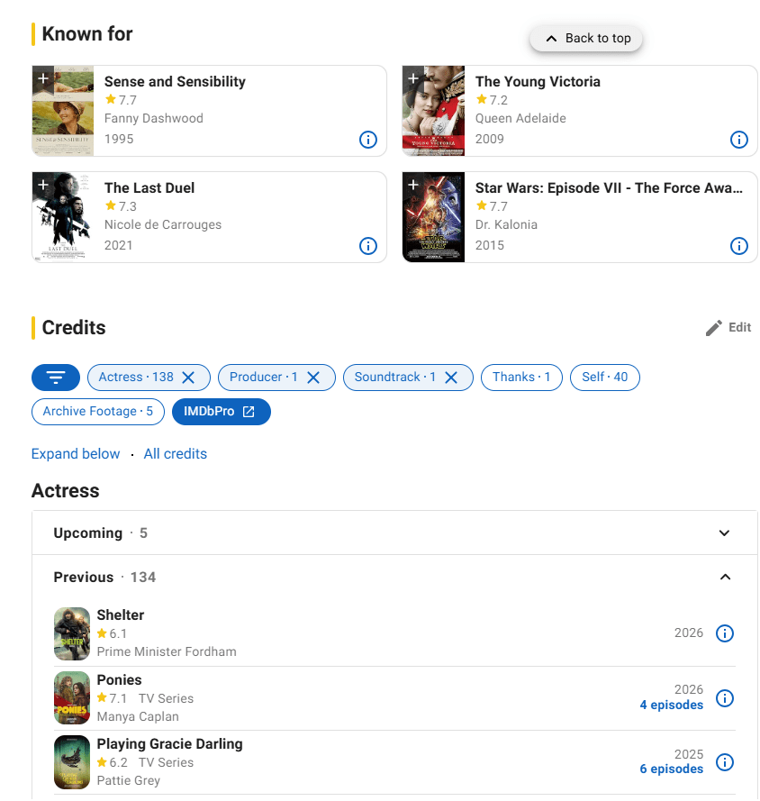 screenshot of a "known for" section highlighting four credits above filters and a full list of credits