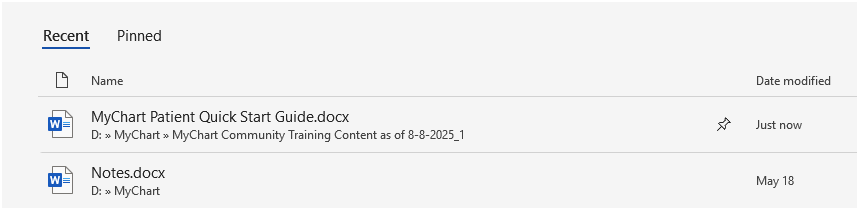 screenshot of the list of files on the Microsoft Word home screen with the top file showing a pin icon