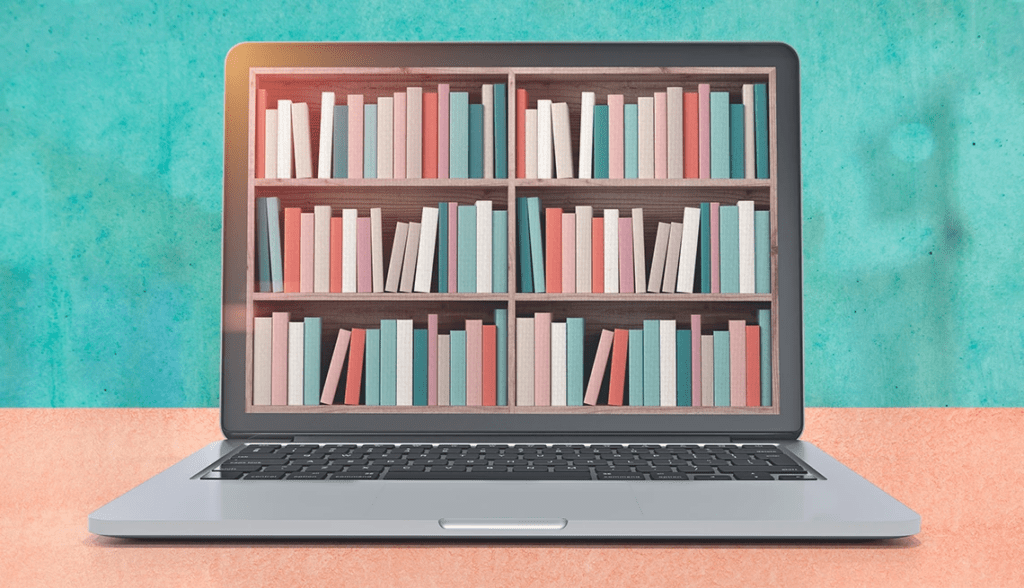 cartoon laptop showing full bookshelves on the screen