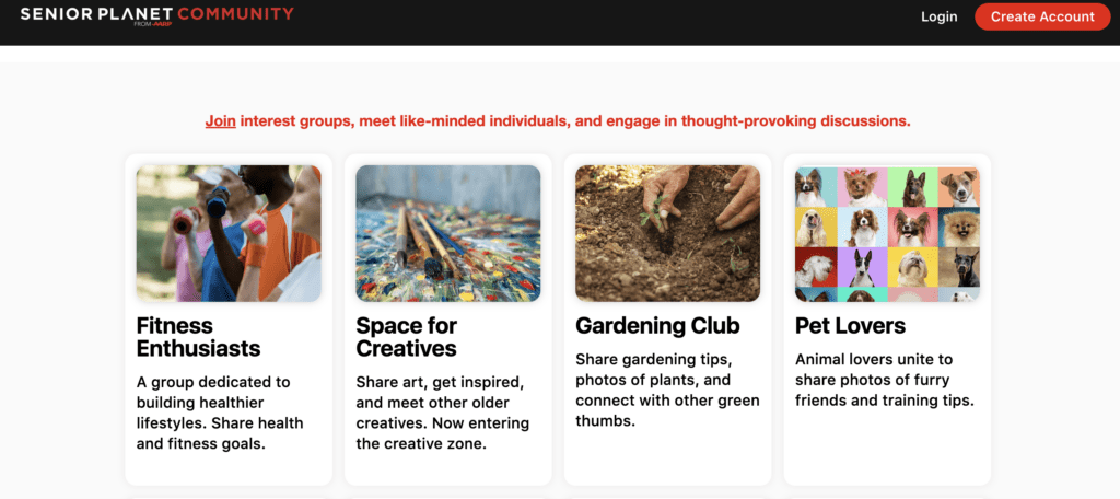 screenshot of the Senior Planet Community page, showing interest groups for fitness, creatives, gardening, and pets