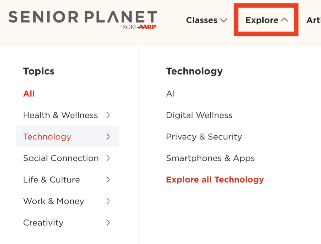 Screenshot showing Explore menu item boxed in red with popular topics in a submenu