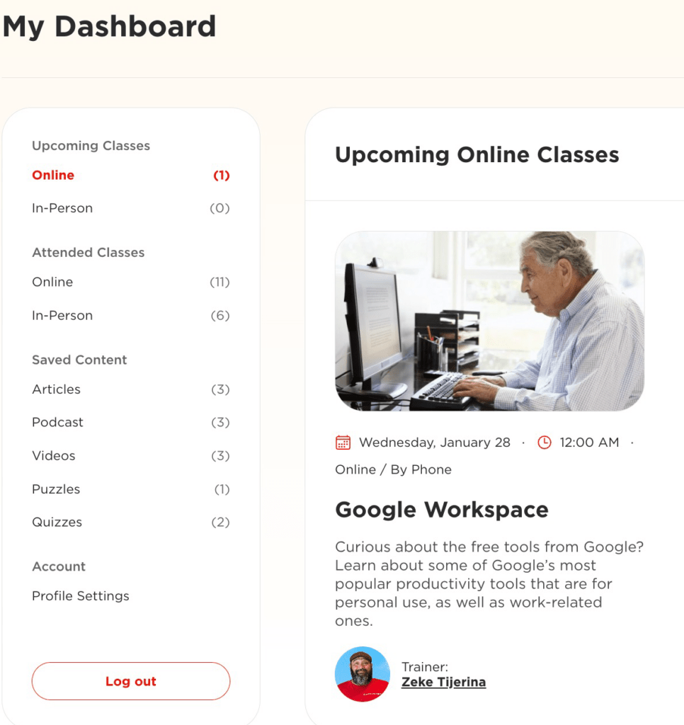screenshot of the Senior Planet dashboard, listing classes and saved resources on the left, with an upcoming class description on the right