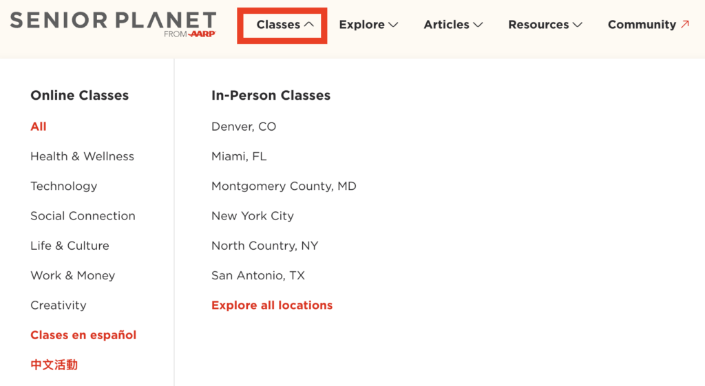 screenshot of the seniorplanet.org main menu with classes highlighted in red and a submenu of topics showing