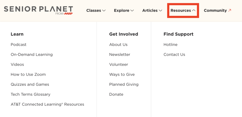 screenshot showing Resources selected in the main menu with submenus lear, get involved, and find support