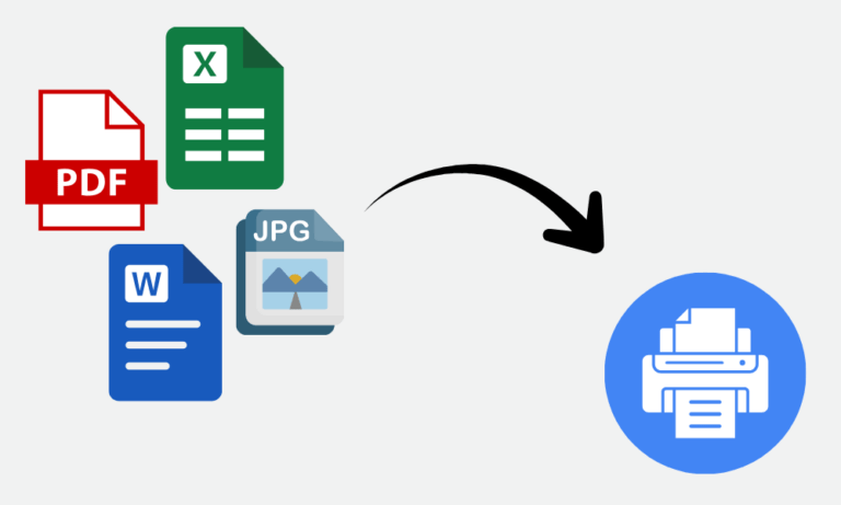 file type icons on the left with an arrow to a print icon on the right