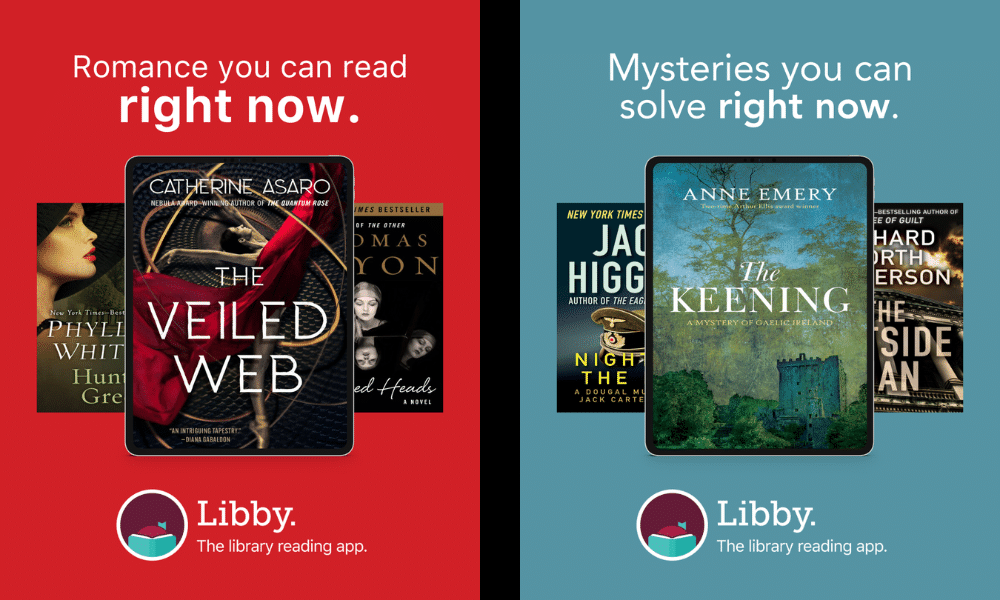 Text "romance you can read right now" and "mysteries you can solve right now" with sample book jackets