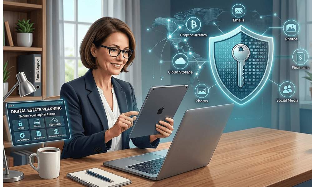 Woman using a tablet and laptop at a desk with symbols representing estate planning in the air