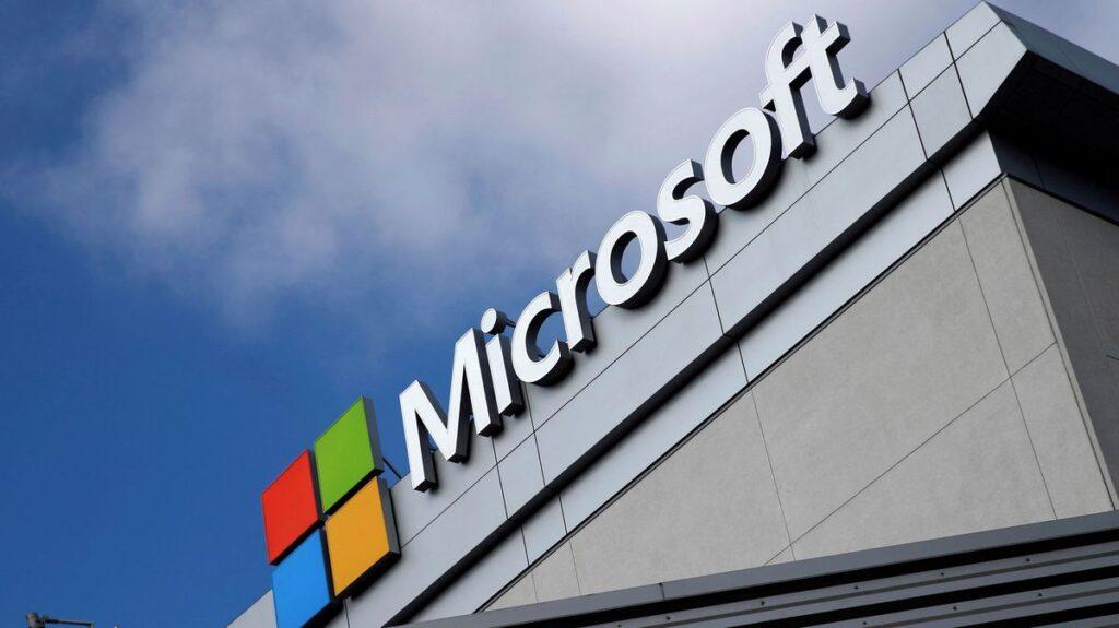 Microsoft sign and logo on the outside of a building