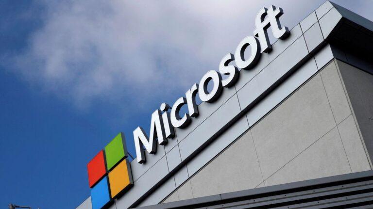 Microsoft sign and logo on the outside of a building