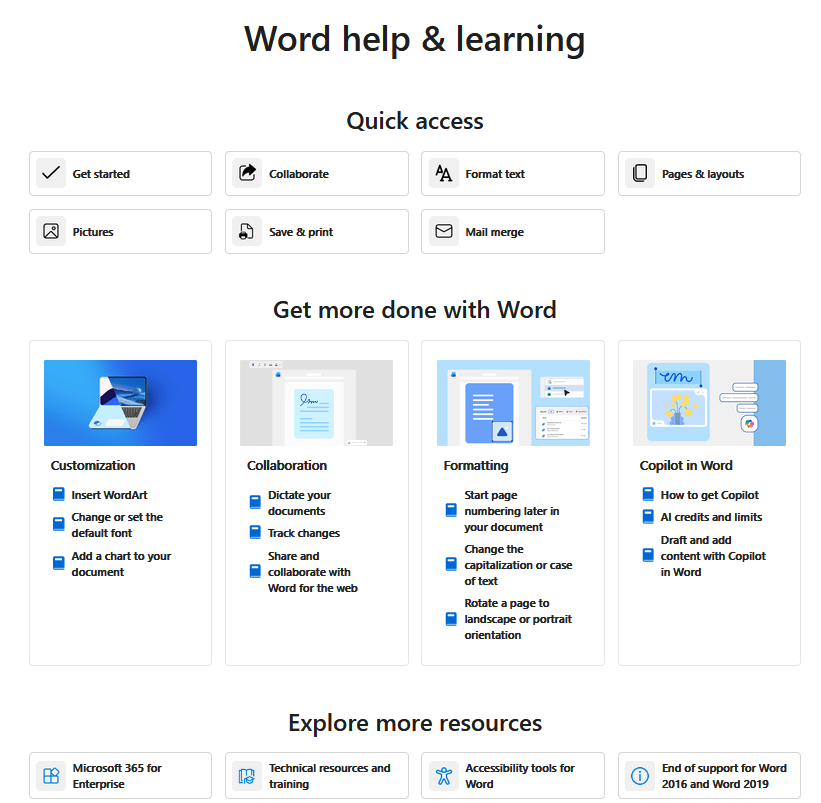 Screenshot of the word help page showing sections for different subjects