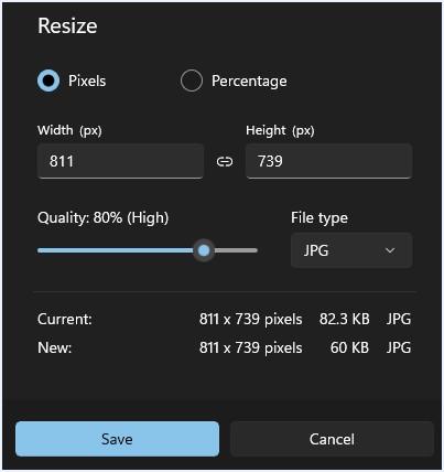 Screenshot showing options available in the resizing menu