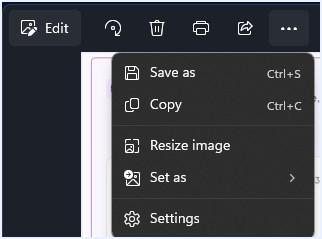 Screenshot showing options under the three-dot menu, including resize
