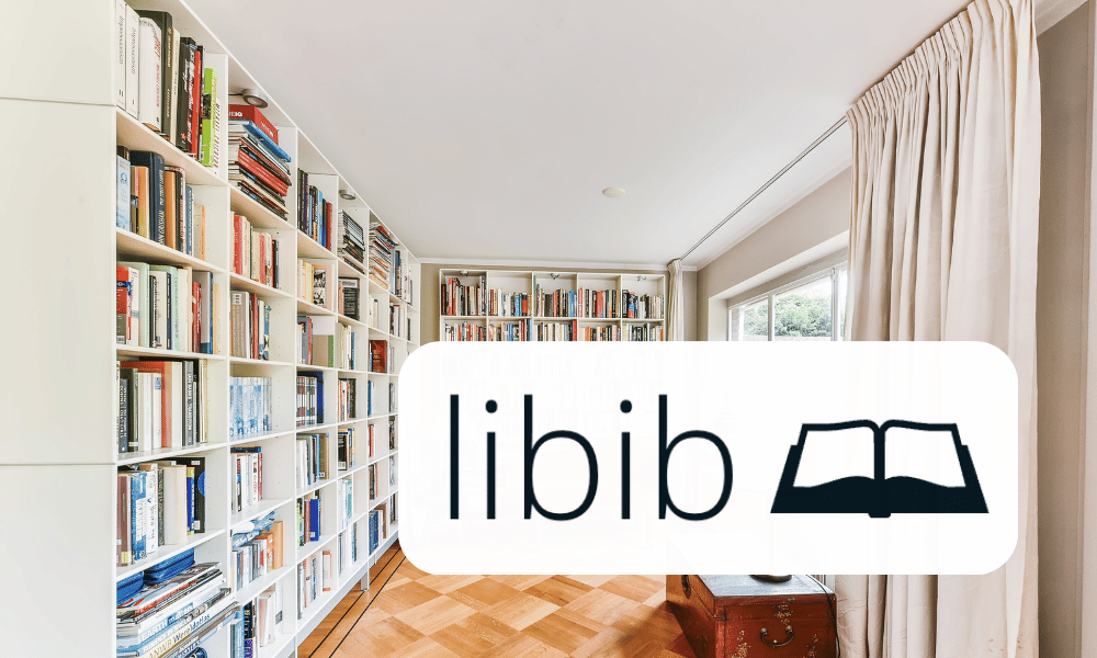 Home library with book-lined walls with a libib logo overlay